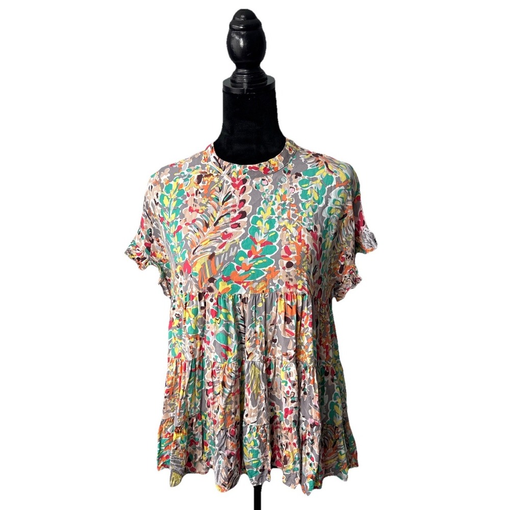 OTT Babydoll Floral Top Size Small Colorful Three Tier‎ Blouse Boho Cottagecore